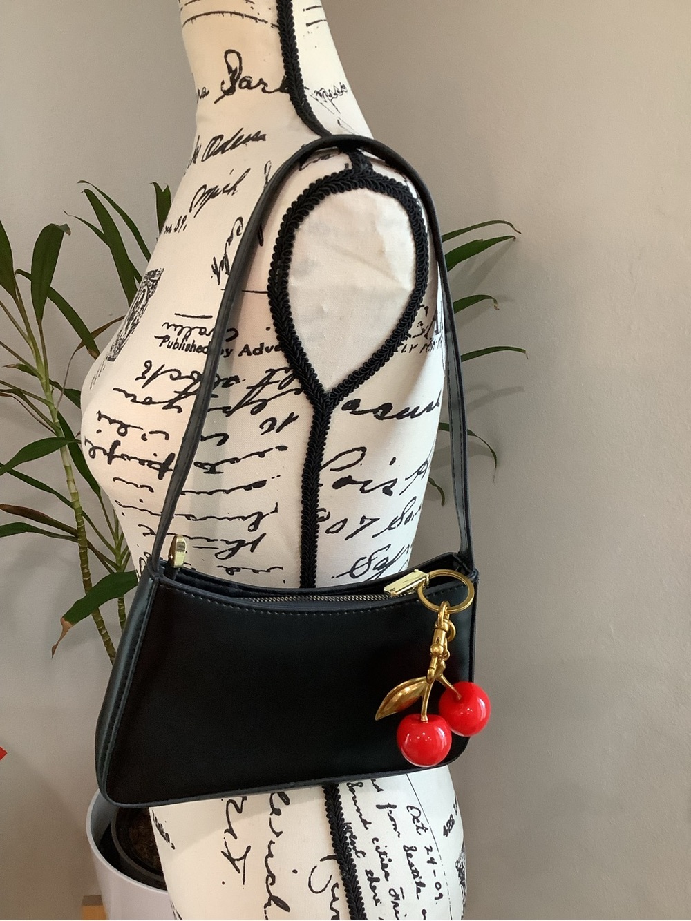 Classic Black Shoulder Bag with Red Cherry Charm